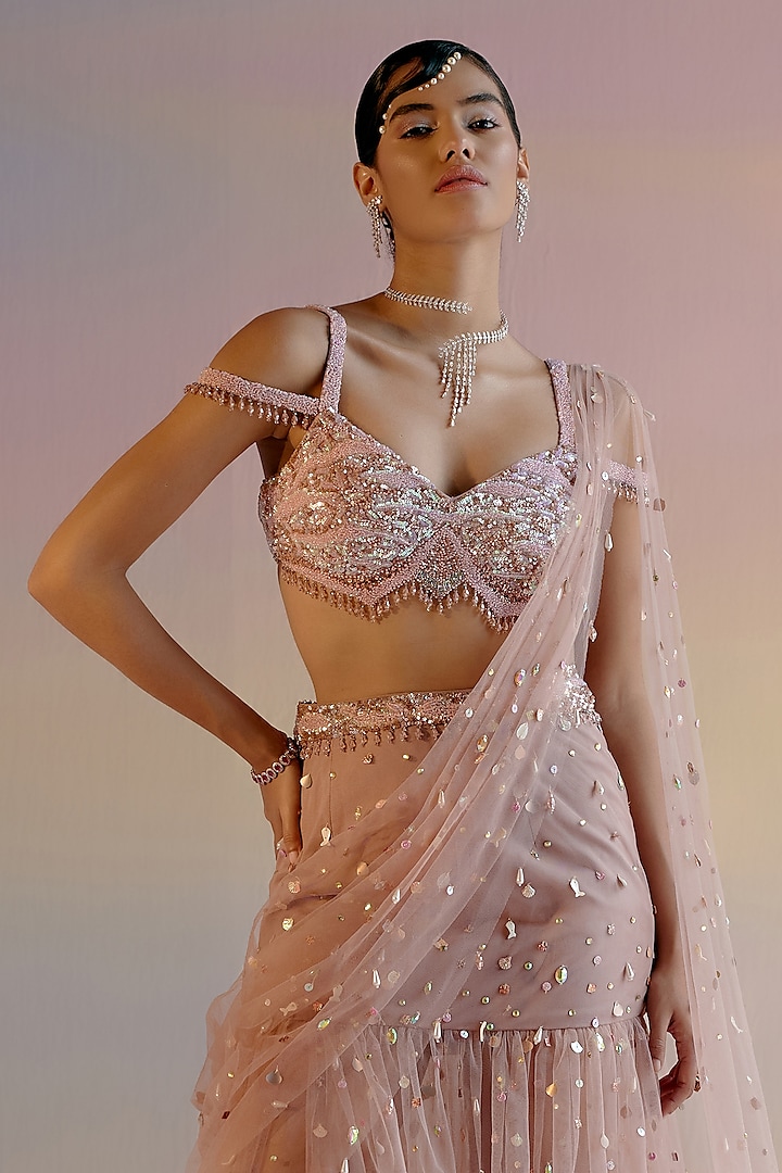 Old Rose Tulle Pearl & Sequin Embellished Layered Wedding Saree Set by Shashank Arya at Pernia's Pop Up Shop