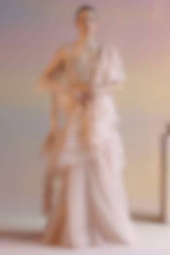 Nude Organza Draped Wedding Saree Set by Shashank Arya at Pernia's Pop Up Shop