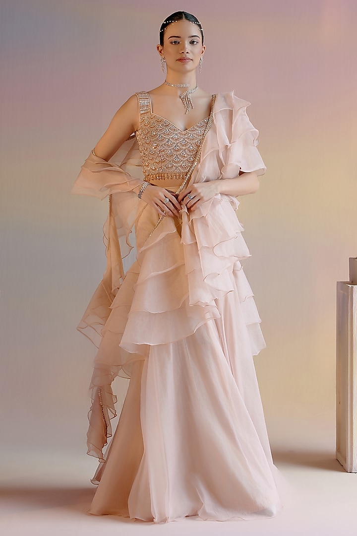 Nude Organza Draped Wedding Saree Set by Shashank Arya at Pernia's Pop Up Shop