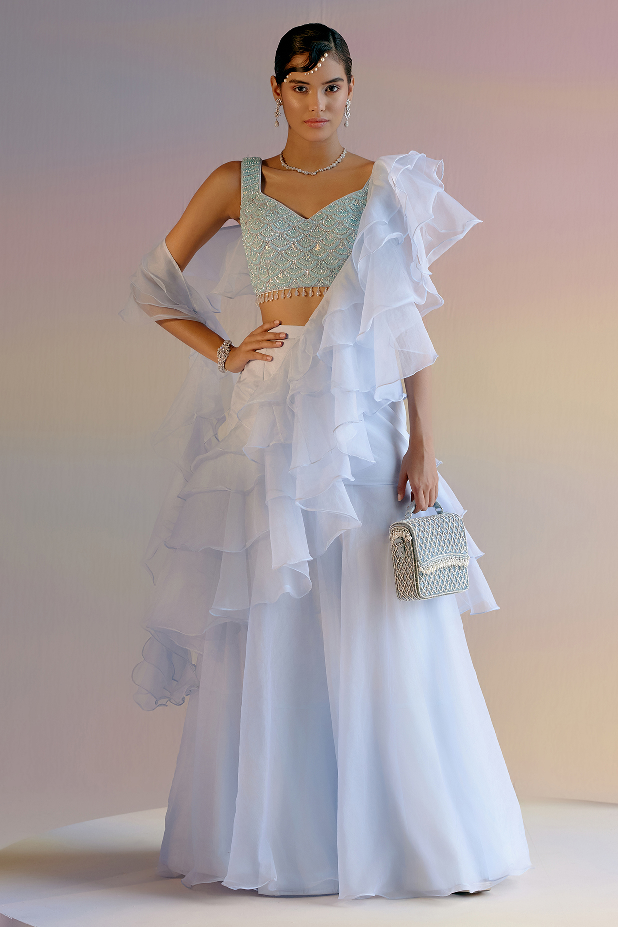 Blue Organza Draped Wedding Saree Set by Shashank Arya at Pernia's Pop Up Shop