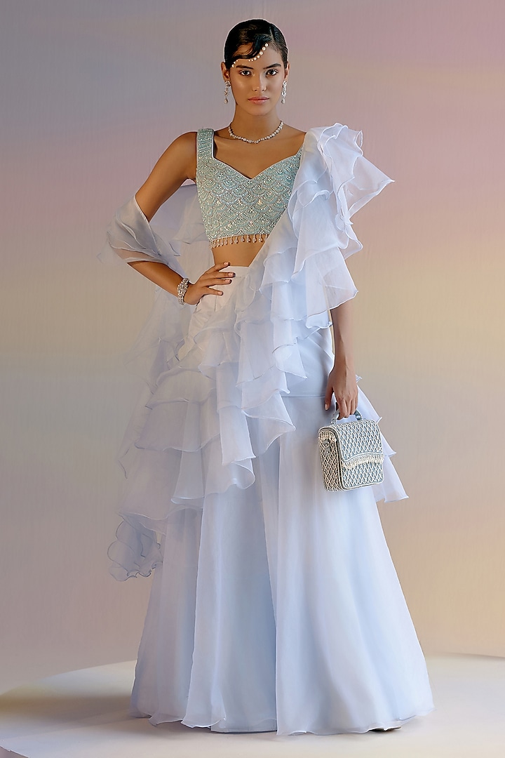 Blue Organza Draped Wedding Saree Set by Shashank Arya at Pernia's Pop Up Shop