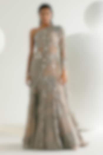 Grey Georgette Frilled Wedding Saree Set by Shashank Arya at Pernia's Pop Up Shop