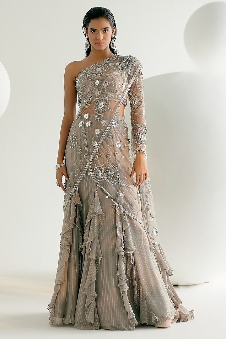 Grey Georgette Frilled Wedding Saree Set by Shashank Arya at Pernia's Pop Up Shop