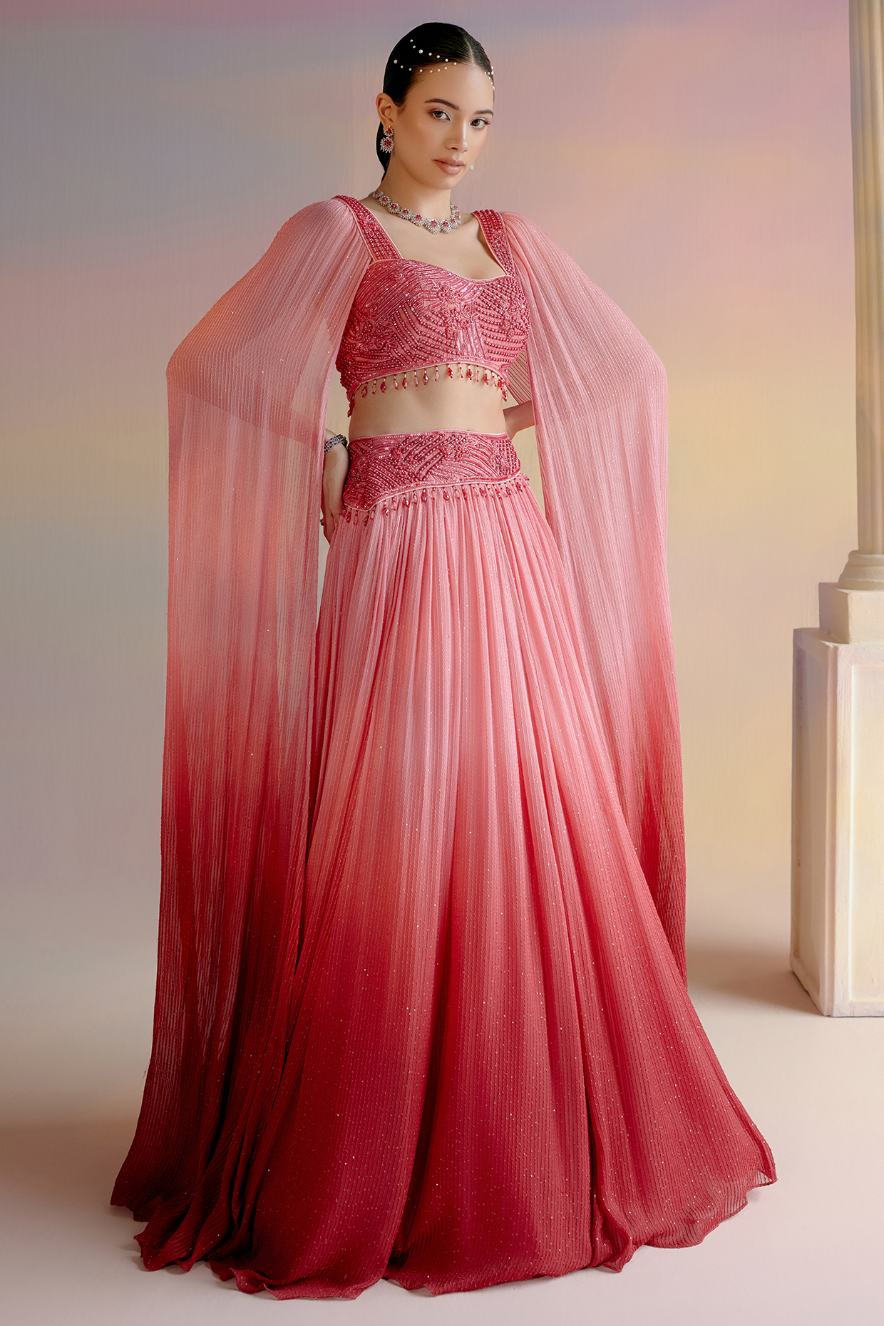 Pink Textured Sequined Georgette Kalidar Wedding Lehenga Set by Shashank Arya at Pernia's Pop Up Shop
