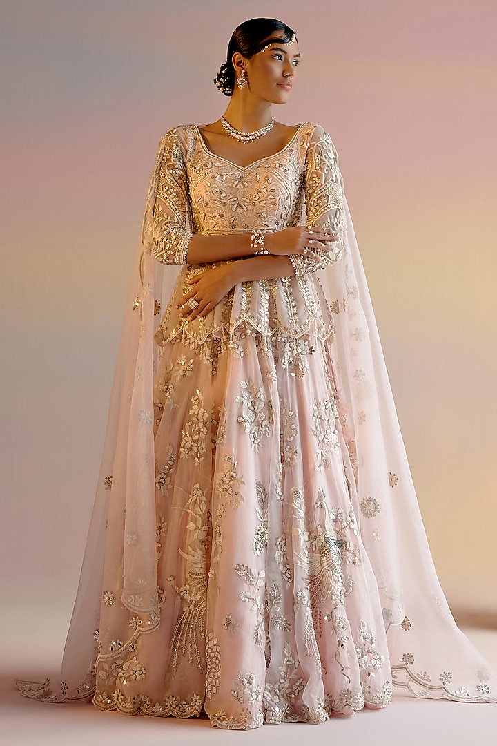 Light Pink Organza Pearl Hand Embroidered Bridal Lehenga Set by Shashank Arya at Pernia's Pop Up Shop