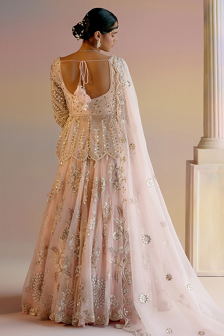 Light Pink Organza Pearl Hand Embroidered Bridal Lehenga Set by Shashank Arya at Pernia's Pop Up Shop