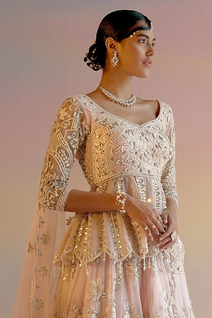 Light Pink Organza Pearl Hand Embroidered Bridal Lehenga Set by Shashank Arya at Pernia's Pop Up Shop