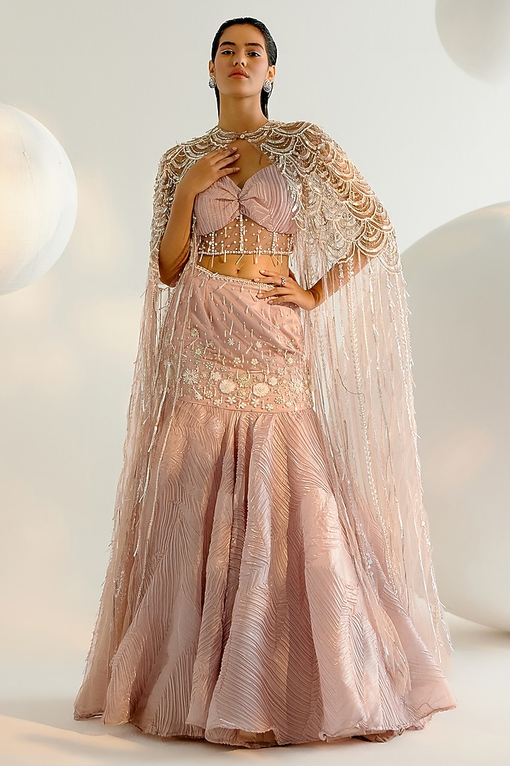 Onion Pink Crinkled Nylon Organza Hand Embroidered Fish-Cut Wedding Lehenga Set by Shashank Arya at Pernia's Pop Up Shop