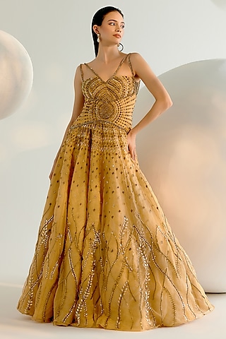 Golden Net & Organza Pearl Hand Embroidered Gown by Shashank Arya