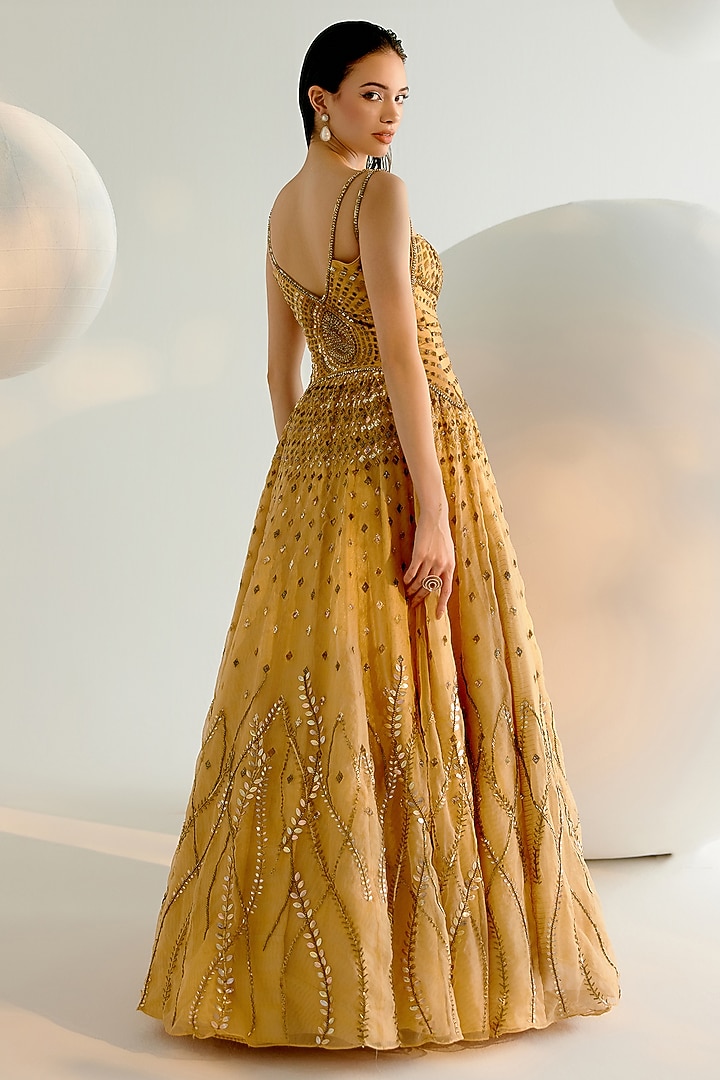 Golden Net & Organza Pearl Hand Embroidered Wedding Gown by Shashank Arya at Pernia's Pop Up Shop