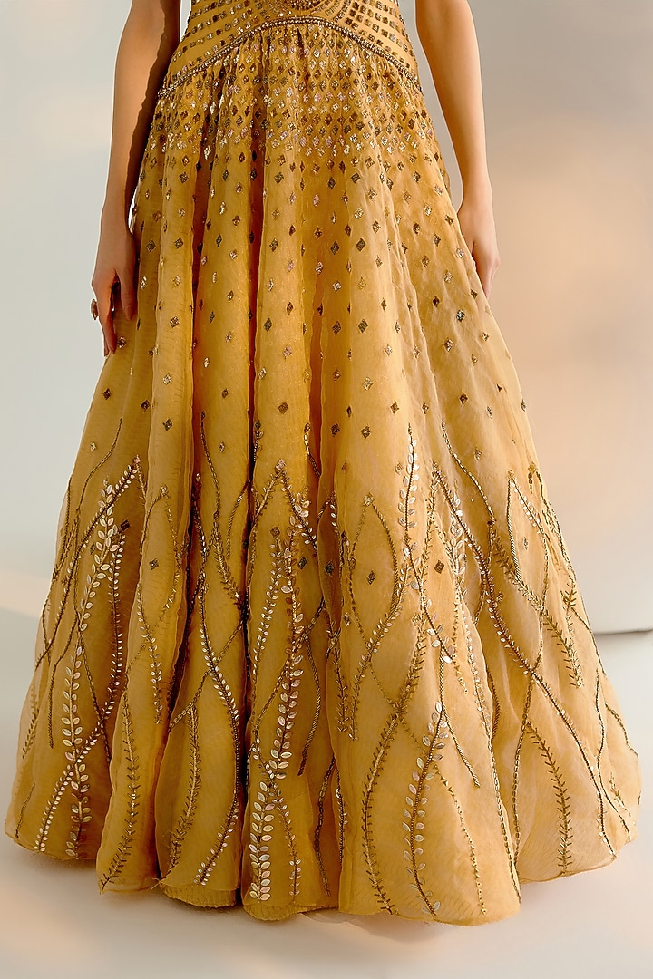Golden Net & Organza Pearl Hand Embroidered Wedding Gown by Shashank Arya at Pernia's Pop Up Shop