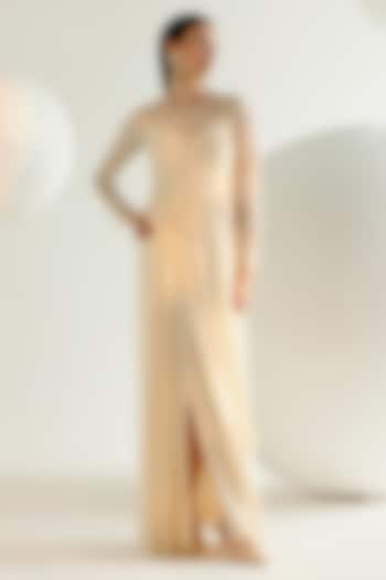 Ivory Tulle & Crepe Pearl Hand Embroidered Draped Cowl Cocktail Dress by Shashank Arya at Pernia's Pop Up Shop