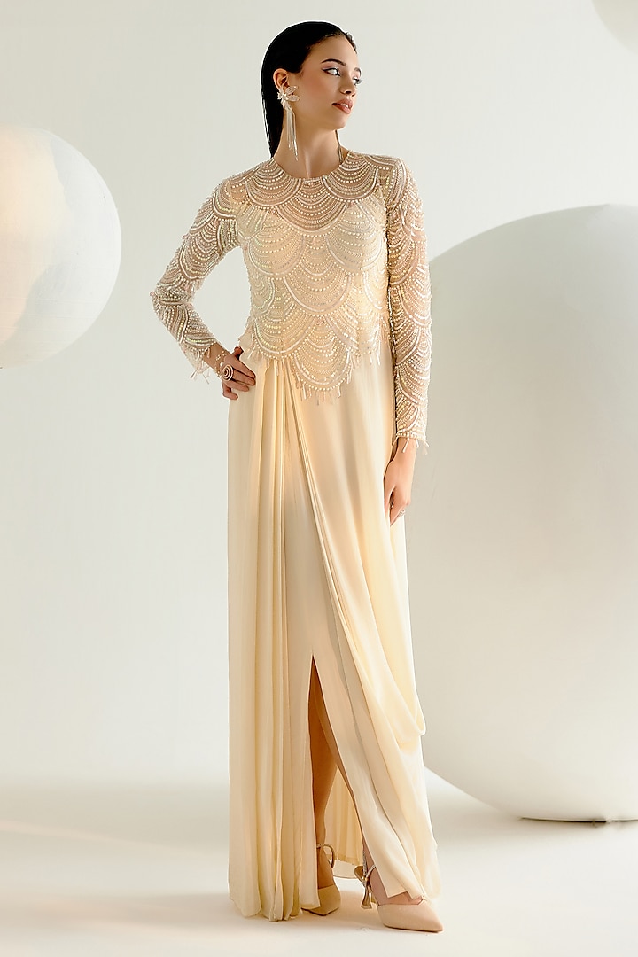 Ivory Tulle & Crepe Pearl Hand Embroidered Draped Cowl Cocktail Dress by Shashank Arya at Pernia's Pop Up Shop