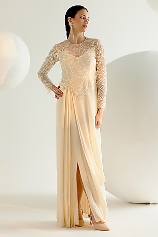 Ivory Tulle & Crepe Pearl Hand Embroidered Draped Cowl Dress by Shashank Arya