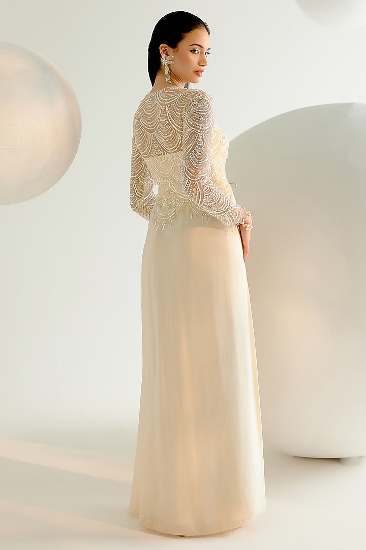Ivory Tulle & Crepe Pearl Hand Embroidered Draped Cowl Cocktail Dress by Shashank Arya at Pernia's Pop Up Shop