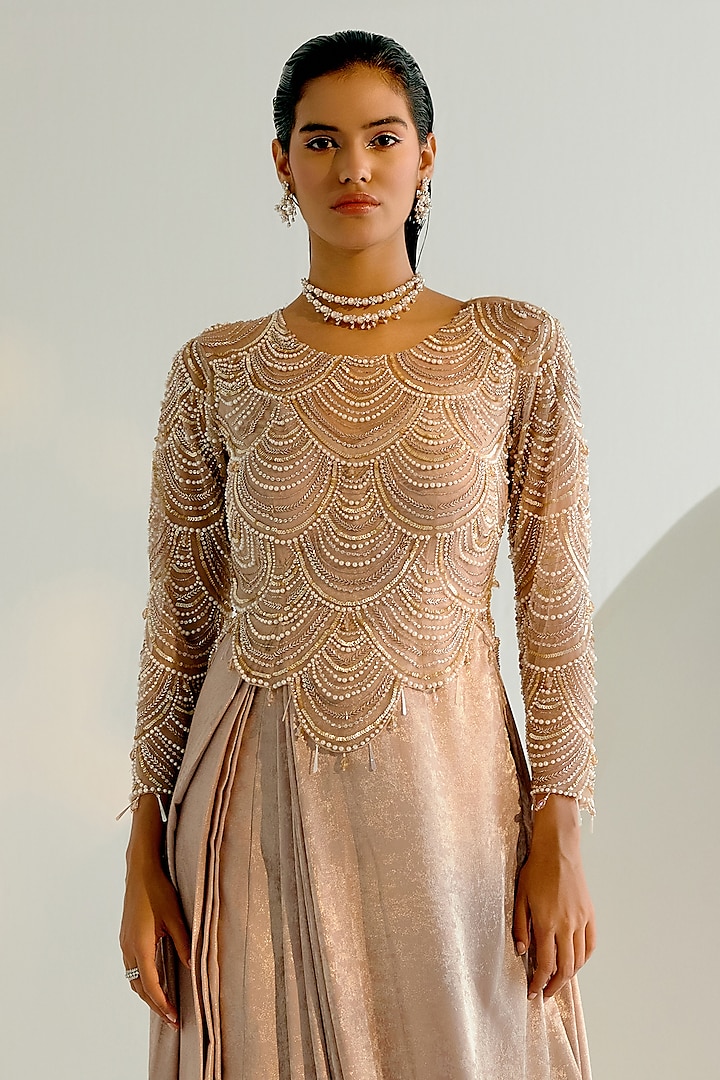 Beige Tulle & Crepe Pearl Hand Embroidered Draped Cowl Party Wear Dress by Shashank Arya at Pernia's Pop Up Shop