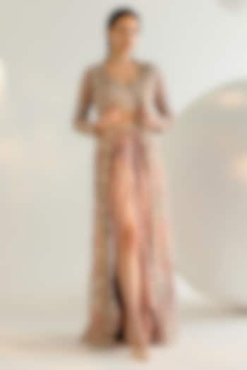 Onion Pink Japanese Satin Draped Dhoti Skirt Set by Shashank Arya at Pernia's Pop Up Shop