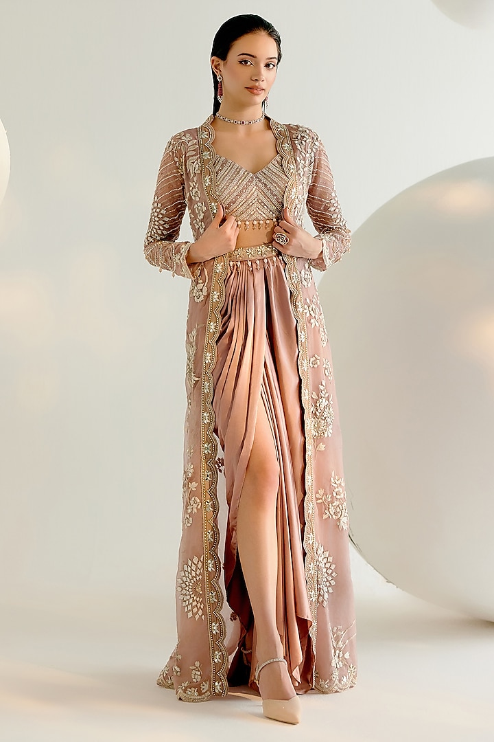 Onion Pink Japanese Satin Draped Dhoti Skirt Set by Shashank Arya at Pernia's Pop Up Shop