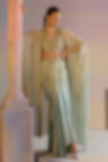 Mint Green Striped Georgette Sequins Hand Embroidered Cape Set by Shashank Arya at Pernia's Pop Up Shop