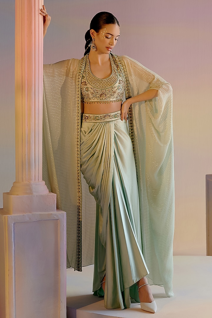 Mint Green Striped Georgette Sequins Hand Embroidered Cape Set by Shashank Arya at Pernia's Pop Up Shop