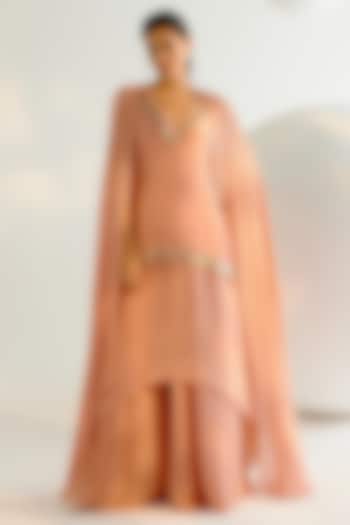 Nude Textured Organza Sequins Embellished Layered Kurta Set by Shashank Arya at Pernia's Pop Up Shop