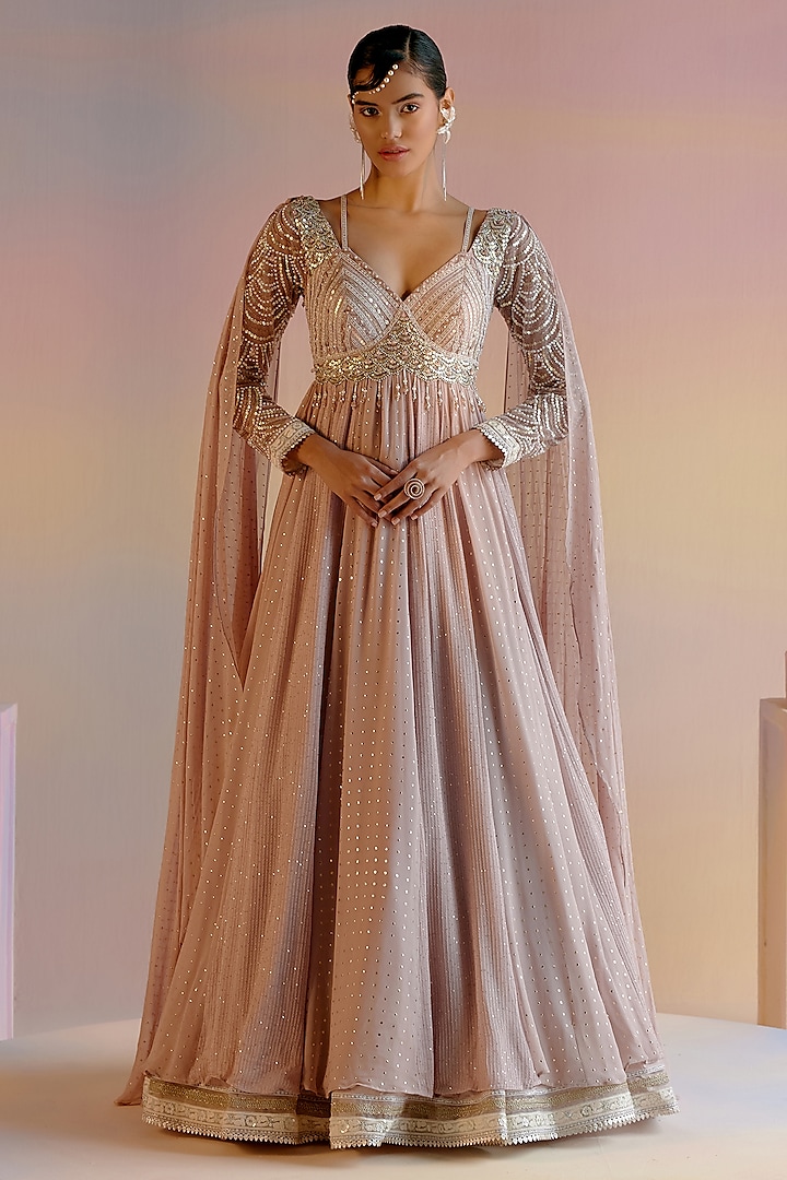 Onion Pink Sequins Georgette Hand Embroidered Wedding Anarkali by Shashank Arya at Pernia's Pop Up Shop