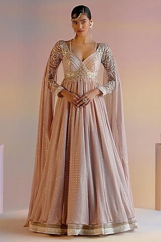 Onion Pink Sequins Georgette Hand Embroidered Anarkali by Shashank Arya
