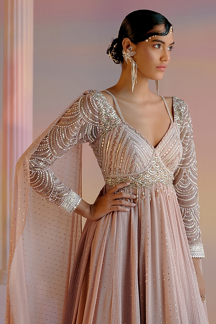 Onion Pink Sequins Georgette Hand Embroidered Wedding Anarkali by Shashank Arya at Pernia's Pop Up Shop