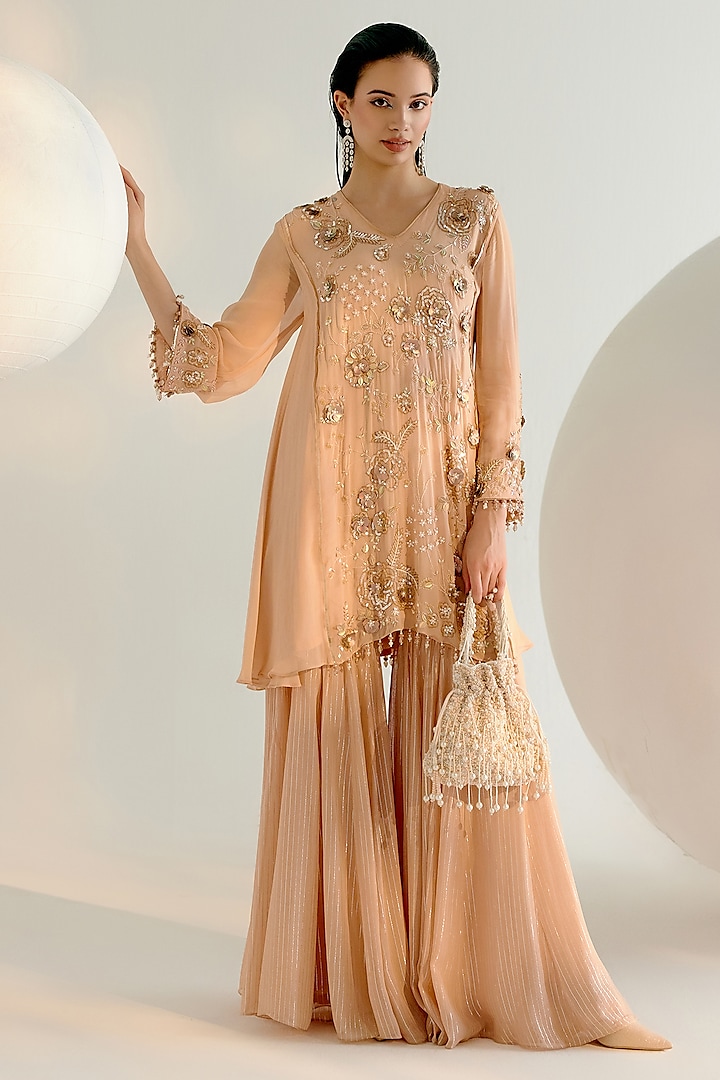 Beige Striped Georgette Wedding Sharara Set by Shashank Arya at Pernia's Pop Up Shop