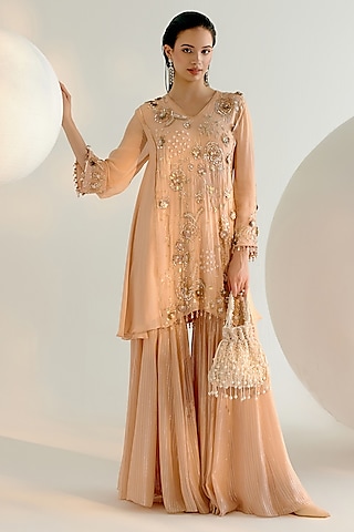 Beige Striped Georgette Sharara Set by Shashank Arya