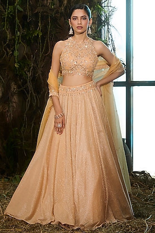 Mango Yellow Metallic Pleated Knit & Tulle Embroidered Lehenga Set by Shashank Arya