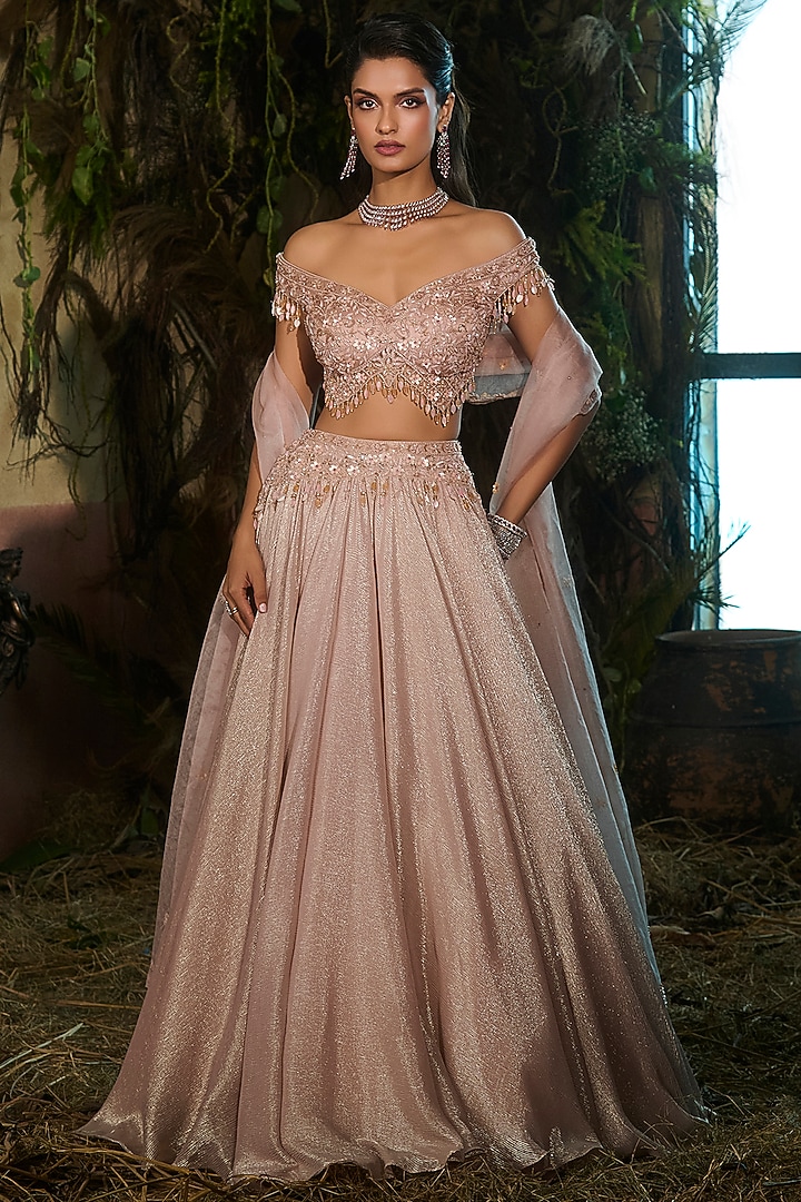 Rose Pink Crinkle Foil Georgette & Tulle Wedding Lehenga Set by Shashank Arya at Pernia's Pop Up Shop