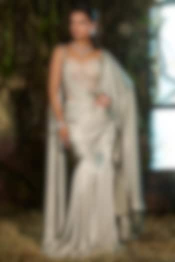 Mint Crinkle Satin & Tulle Draped Wedding Saree Set by Shashank Arya at Pernia's Pop Up Shop