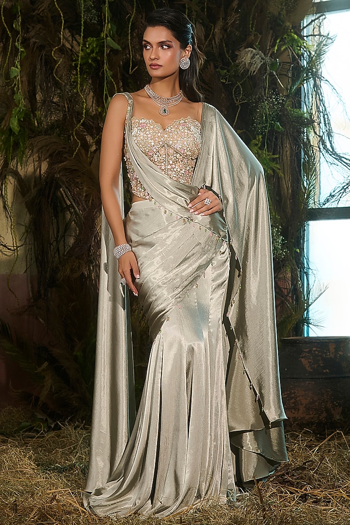Mint Crinkle Satin & Tulle Draped Wedding Saree Set by Shashank Arya at Pernia's Pop Up Shop