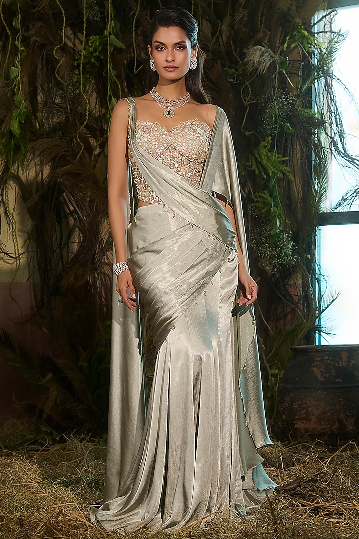 Mint Crinkle Satin & Tulle Draped Wedding Saree Set by Shashank Arya at Pernia's Pop Up Shop