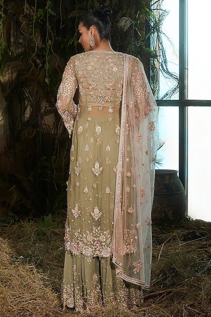 Jade Green Georgette Sequins Embroidered Bridal Sharara Set by Shashank Arya at Pernia's Pop Up Shop
