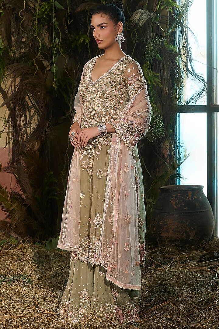 Jade Green Georgette Sequins Embroidered Bridal Sharara Set by Shashank Arya at Pernia's Pop Up Shop