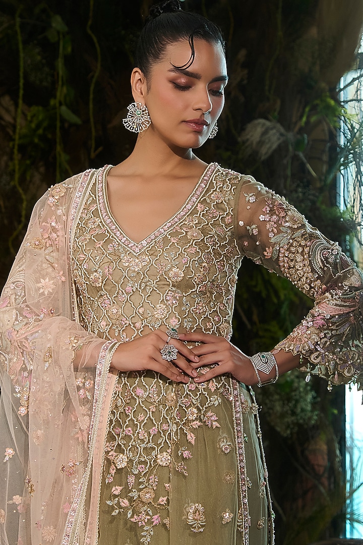Jade Green Georgette Sequins Embroidered Bridal Sharara Set by Shashank Arya at Pernia's Pop Up Shop