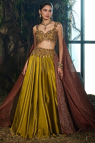Olive Green & Maroon Dupion Embroidered Lehenga Set by Shashank Arya