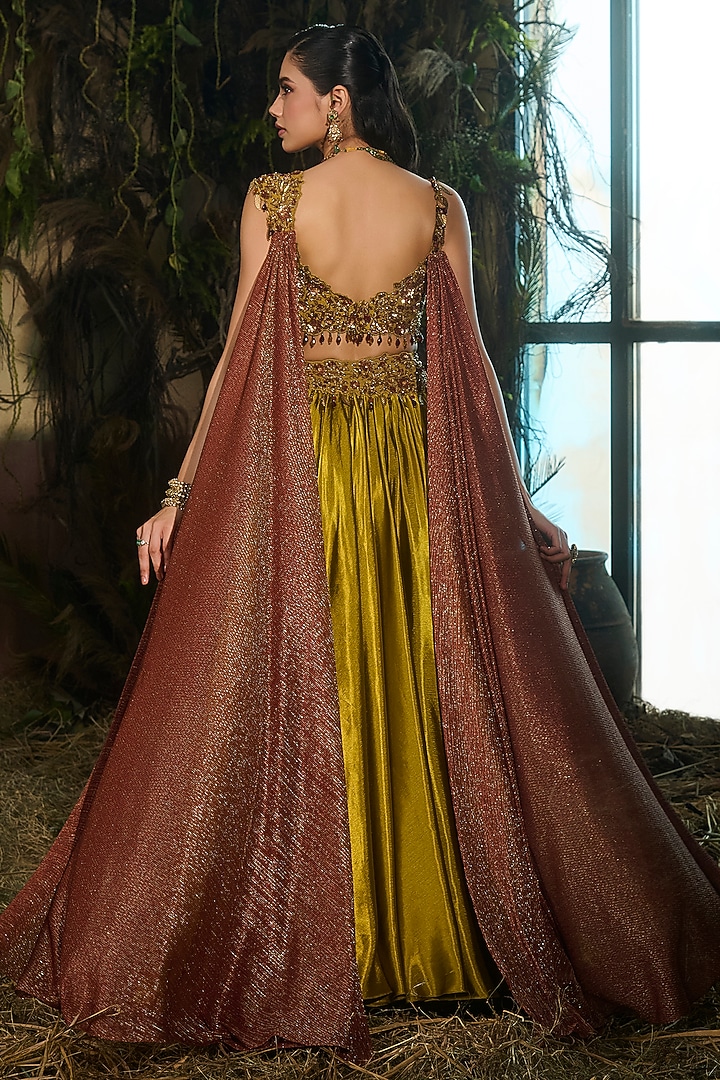 Olive Green & Maroon Dupion Embroidered Wedding Lehenga Set by Shashank Arya at Pernia's Pop Up Shop