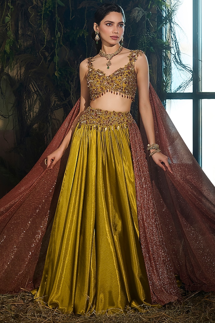 Olive Green & Maroon Dupion Embroidered Wedding Lehenga Set by Shashank Arya at Pernia's Pop Up Shop