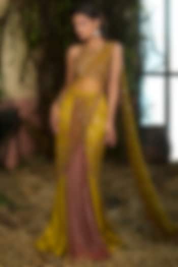 Green Crinkled Satin & Tulle Concept Reception Saree Set by Shashank Arya at Pernia's Pop Up Shop