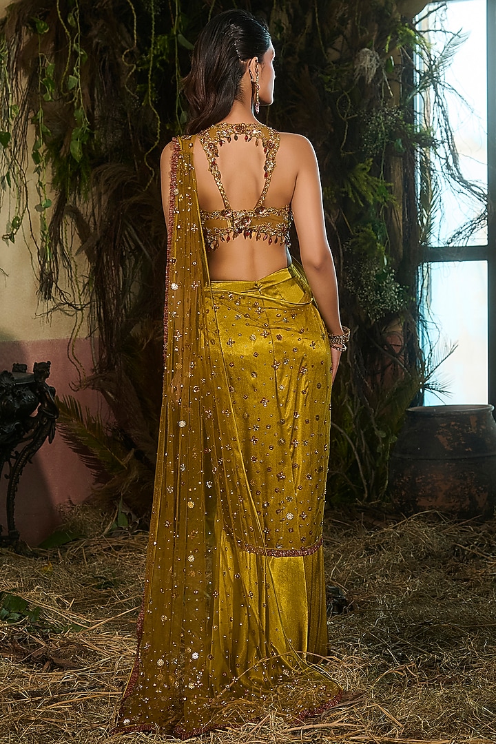 Green Crinkled Satin & Tulle Concept Reception Saree Set by Shashank Arya at Pernia's Pop Up Shop