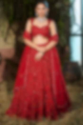 Red Tulle Sequins Work Bridal Lehenga Set by Shashank Arya at Pernia's Pop Up Shop