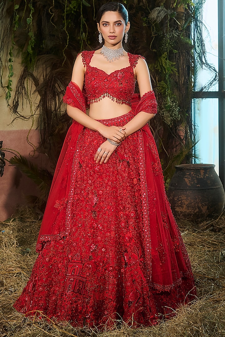 Red Tulle Sequins Work Bridal Lehenga Set by Shashank Arya at Pernia's Pop Up Shop