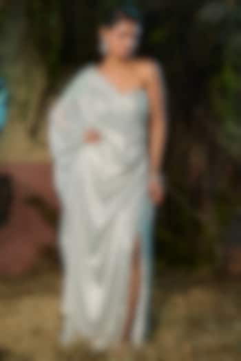 Blue Crinkled Foil Georgette Draped Cocktail Dress by Shashank Arya at Pernia's Pop Up Shop