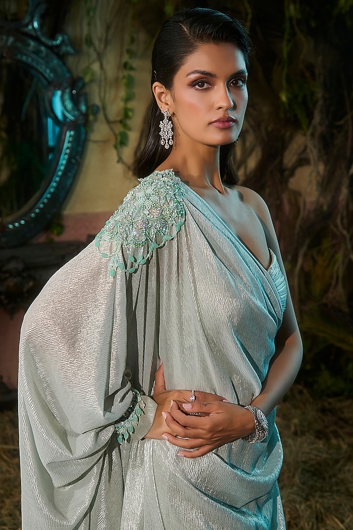 Blue Crinkled Foil Georgette Draped Cocktail Dress by Shashank Arya at Pernia's Pop Up Shop