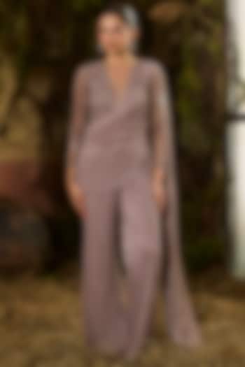 Grey Metallic Pleated Knit & Tulle Embroidered Jumpsuit by Shashank Arya at Pernia's Pop Up Shop