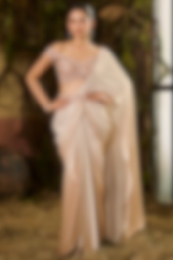 Metallic Champagne Ombre Foil Georgette Embroidered Draped Wedding Saree Set by Shashank Arya at Pernia's Pop Up Shop