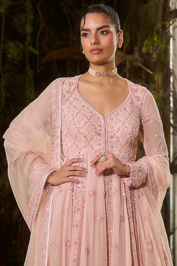 Pink Georgette Sequins Work Bridal Anarkali Set by Shashank Arya at Pernia's Pop Up Shop